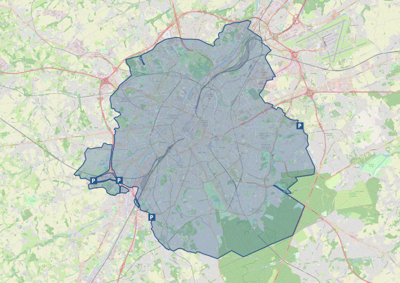 Map of the Low Emission Zone (LEZ) of Brussels with accessible park and ride car parking