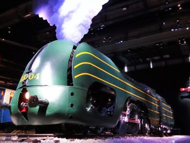 huge Belgium green steam locomotive in the National Railway Museum Train World